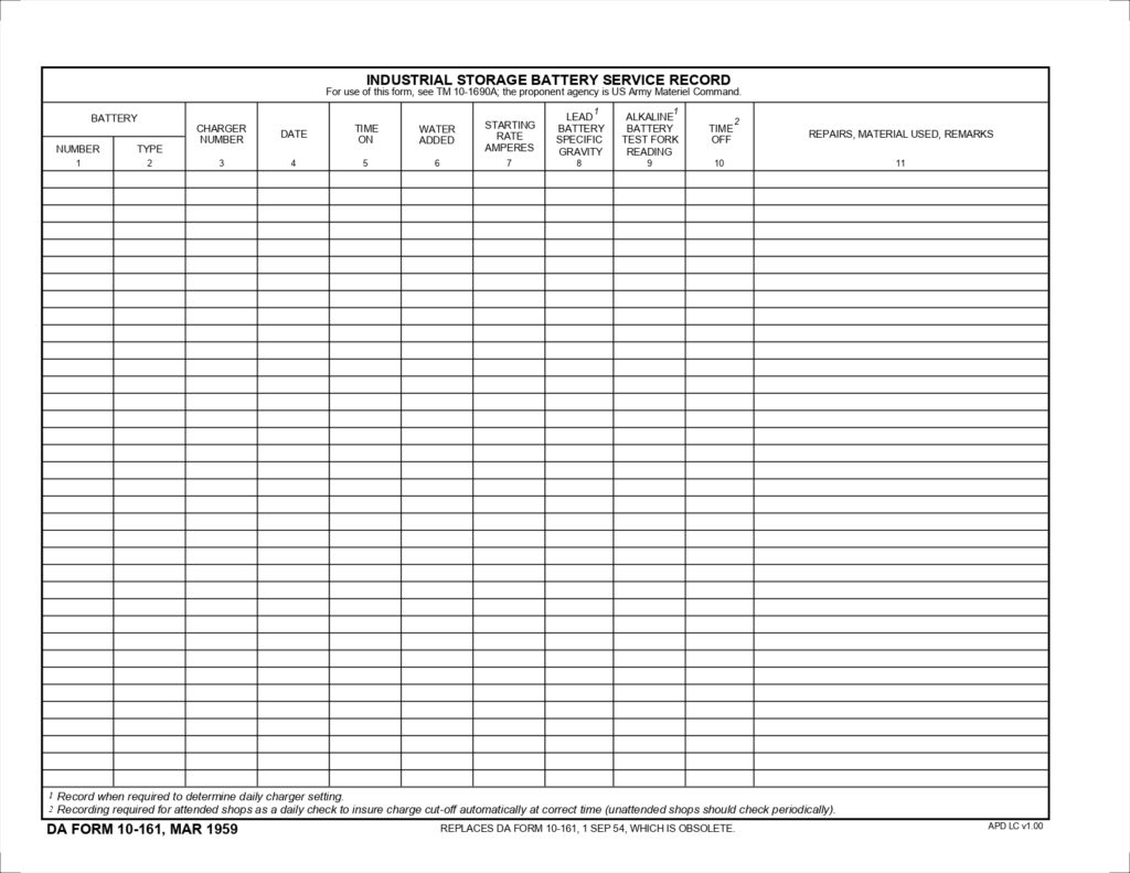 DA FORM 10-161 - Industrial Storage Battery Service Record