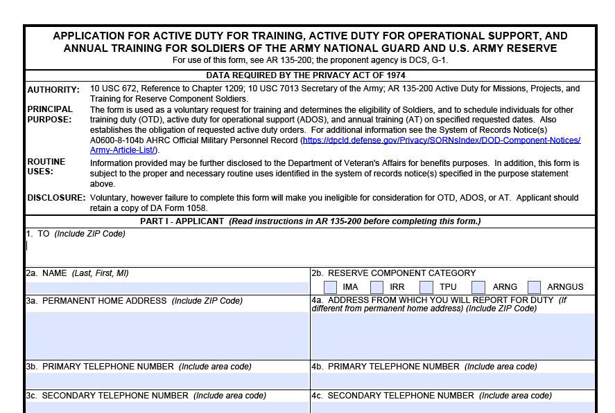 DA FORM 1058 - Application For Active Duty For Training, Active Duty For Operational Support, And Annual Training For Soldiers Of The Army National Guard And U.S. Army Reserve