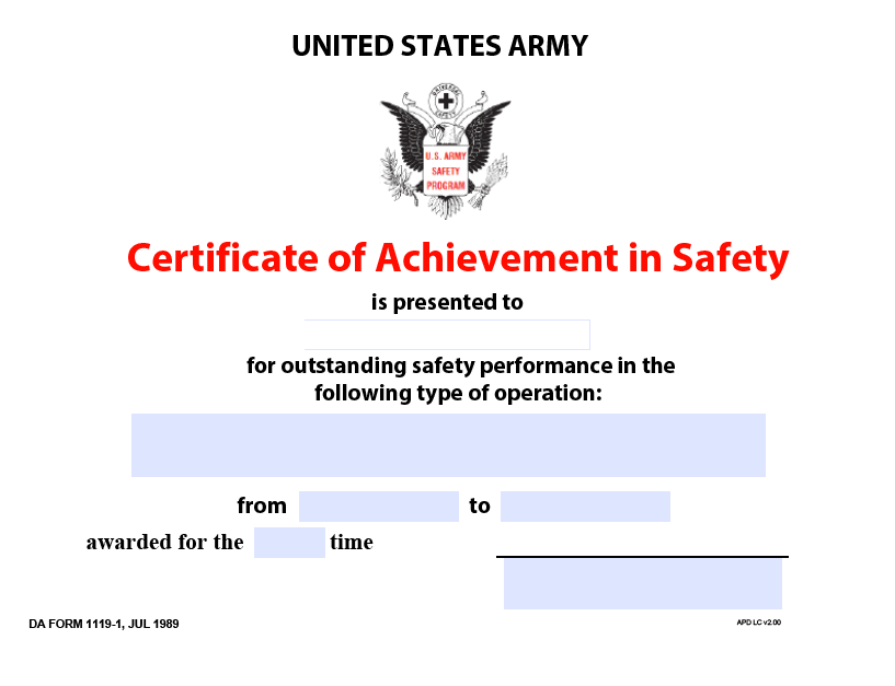 DA FORM 1119-1 - Certificate Of Achievement In Safety