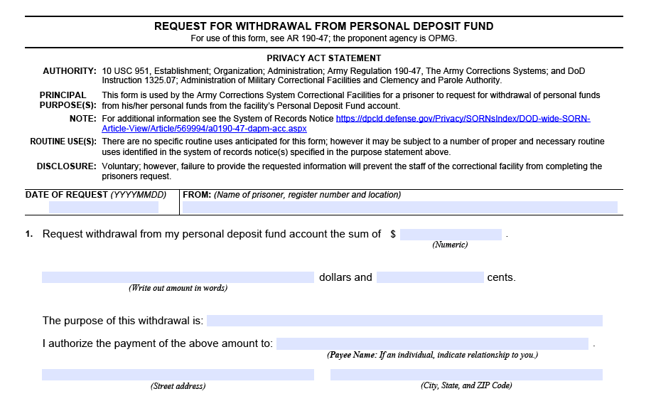 DA FORM 1130 - Request For Withdrawal From Personal Deposit Fund