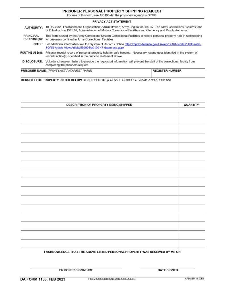 DA FORM 1133 - Prisoner Personal Property Shipping Request_page-0001