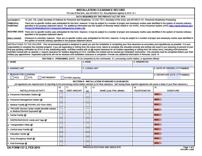 DA FORM 137-2 Fillable - Army Pubs 137-2 PDF | DA Forms 2024