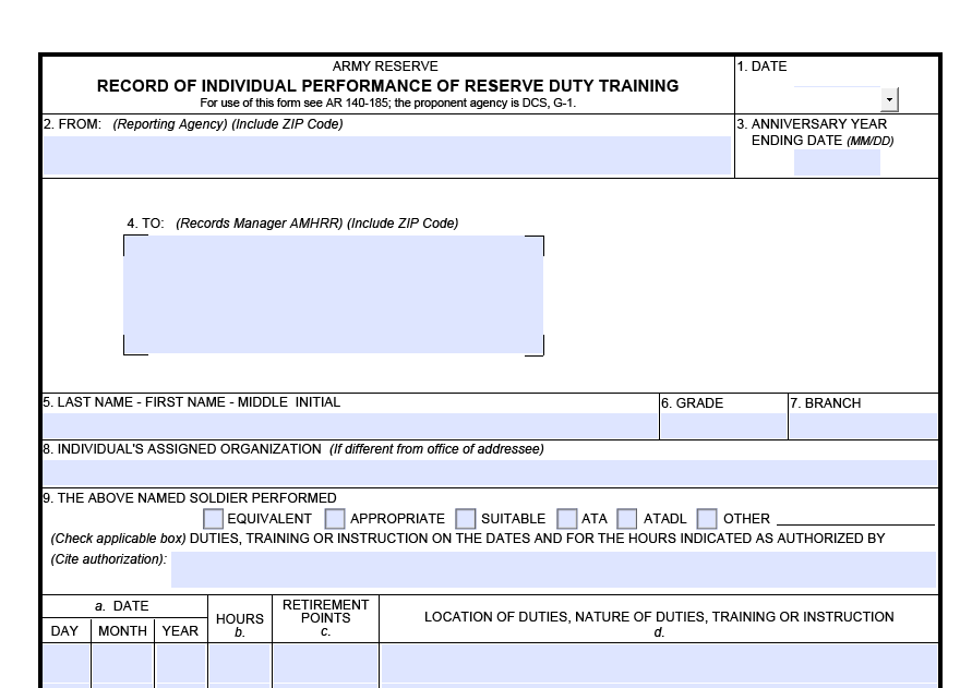 DA FORM 1380 - Record Of Individual Performance Of Reserve Duty Training