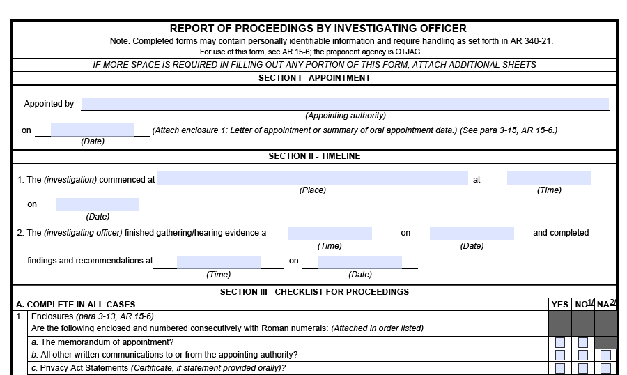DA FORM 1574-1 - Report Of Proceedings By Investigating Officer