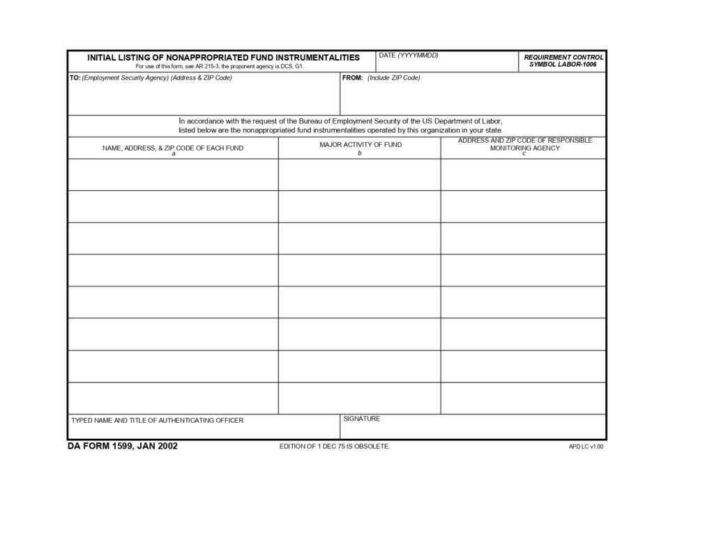 DA FORM 1599 - Initial Listing Of Nonappropriated Fund Instrumentalities_page-0001