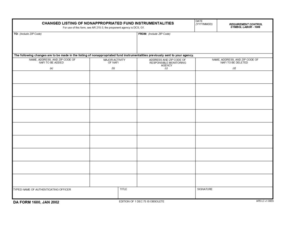 DA FORM 1600 - Changed Listing Of Nonappropriated Fund Instrumentalities_page-0001