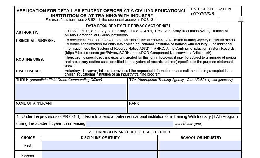DA FORM 1618 - Application For Detail As Student Officer At A Civilian Educational Institution Or At Training With Industry