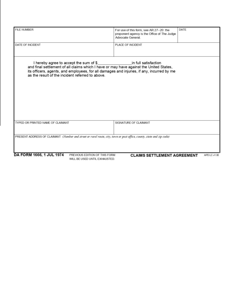 DA FORM 1666 - Claims Settlement Agreement_page-0001