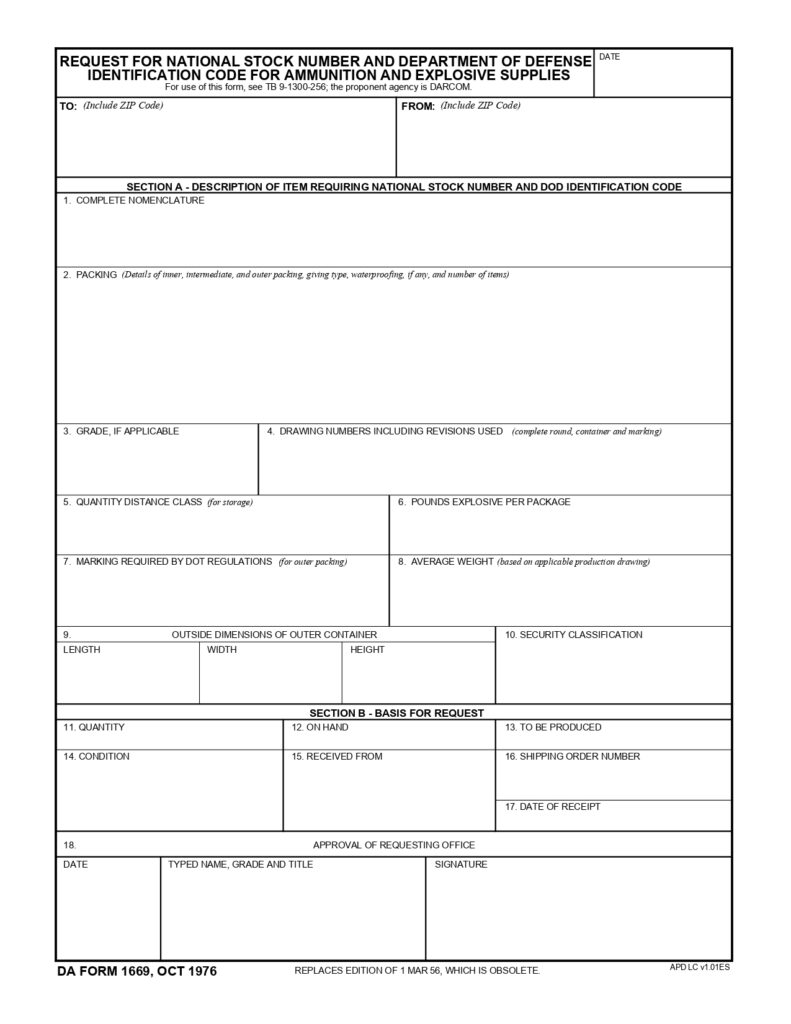 DA FORM 1669 - Request For National Stock Number And Department Of Defense Identification Code For Ammunition And Explosive Supplies_page-0001