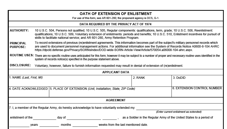 DA FORM 1695 - Oath Of Extension Of Enlistment