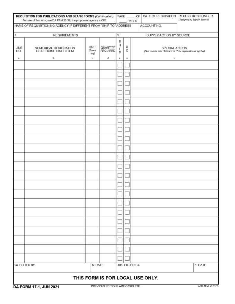 DA FORM 17-1 - Requisition For Publications And Blank Forms (Continuation Sheet)_page-0001