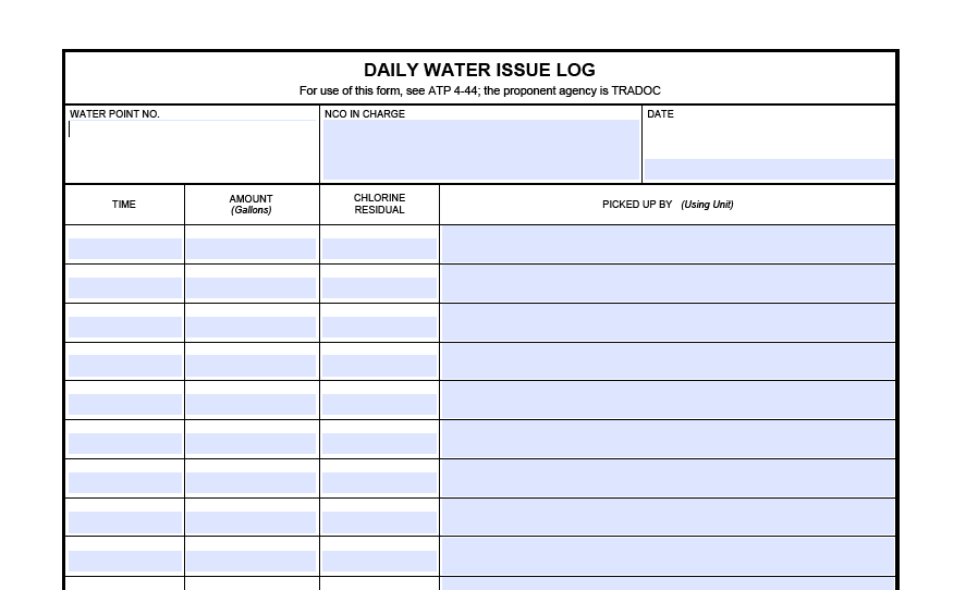 DA FORM 1714 - Daily Water Issue Log