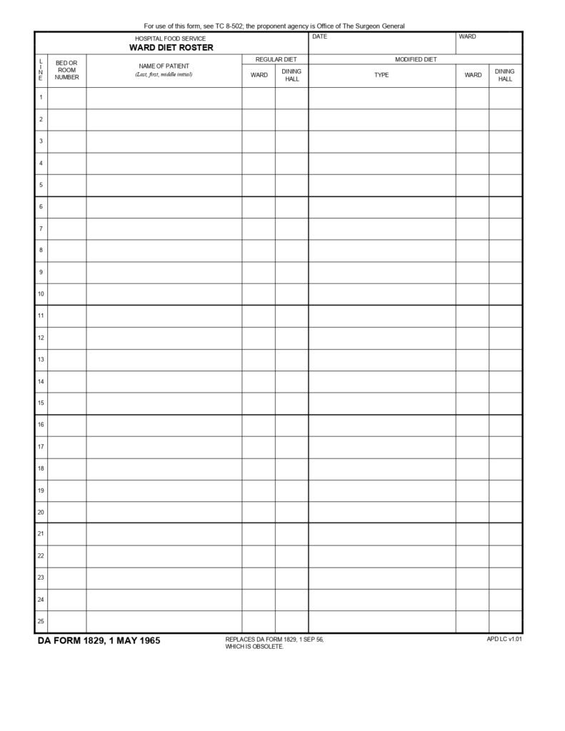 DA FORM 1829 - Hospital Food Service - Ward Diet Roster_page-0001