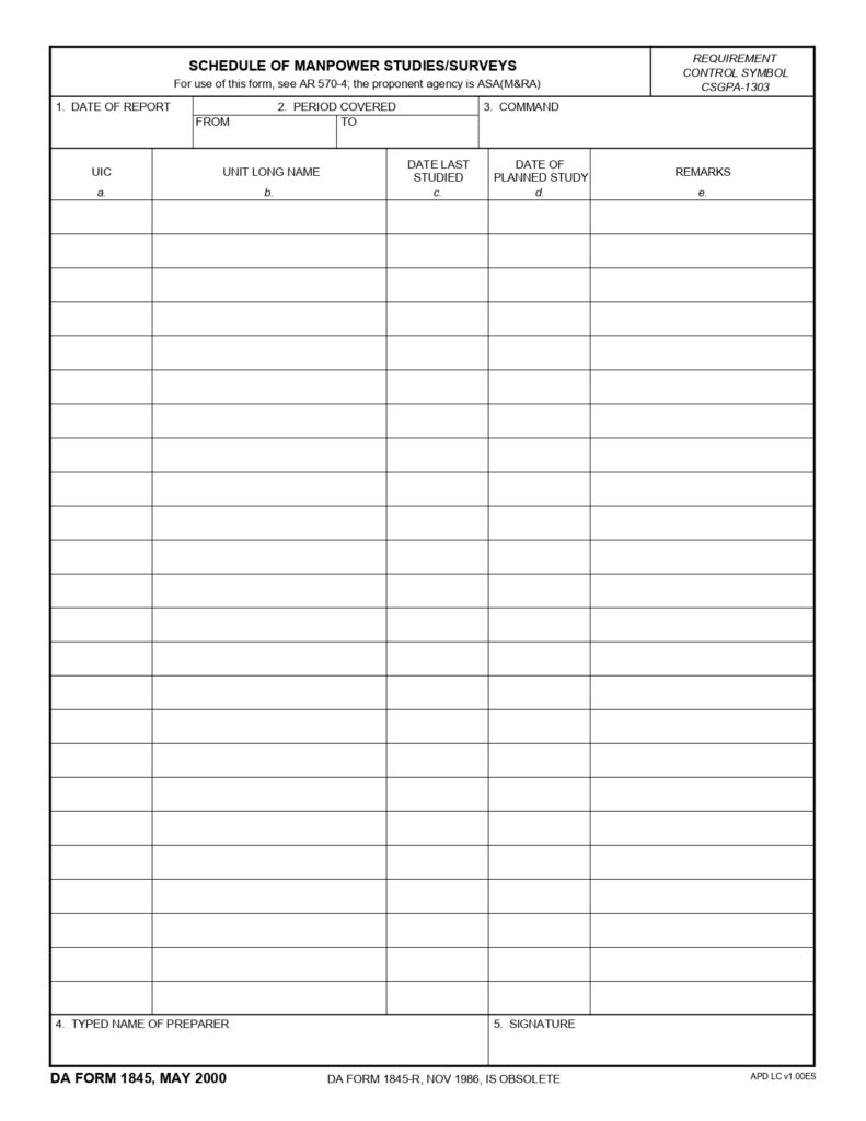 DA FORM 1845 - Schedule Of Manpower Studies-Surveys_page-0001