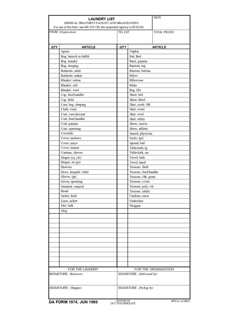 DA FORM 1974 - Laundry List (Medical Treatment Facility And Organization)_page-0001