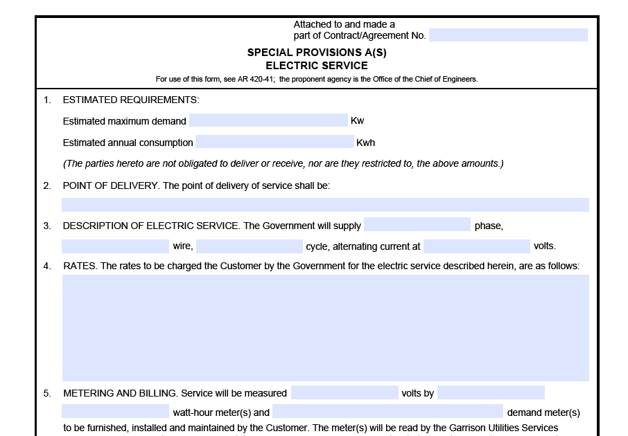 DA FORM 2101 - Special Provisions A(S) Electric Service