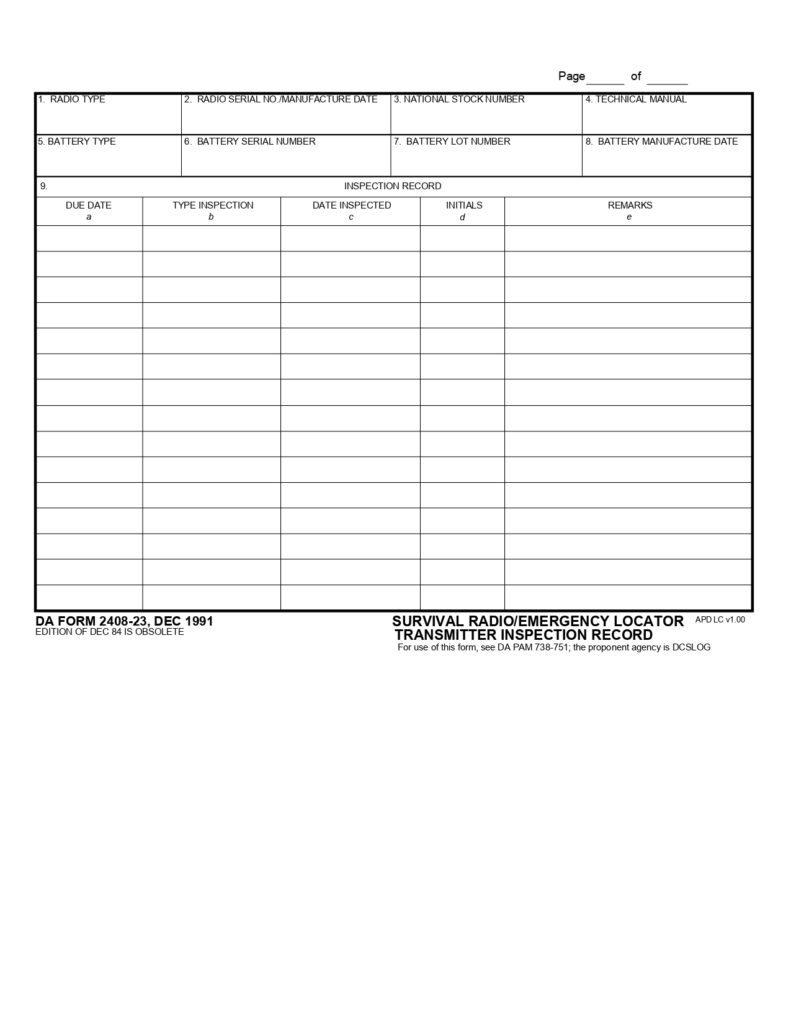 DA FORM 2408-23 - Survival Radio-Emergency Location Transmitter Inspection Record_page-0001