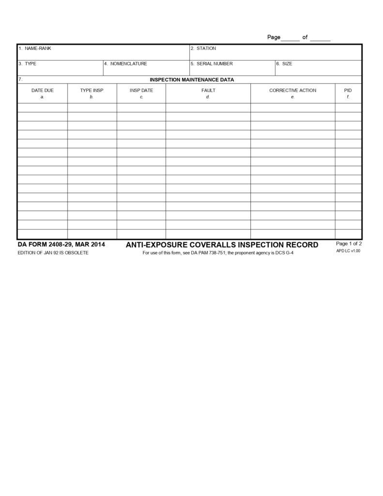 DA FORM 2408-29 - Anti-Exposure Coveralls Inspection Record_page-0001