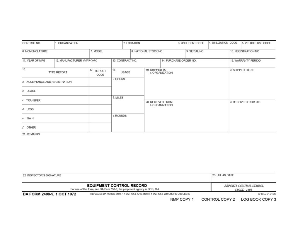 DA FORM 2408-9 - Equipment Control Record_page-0001