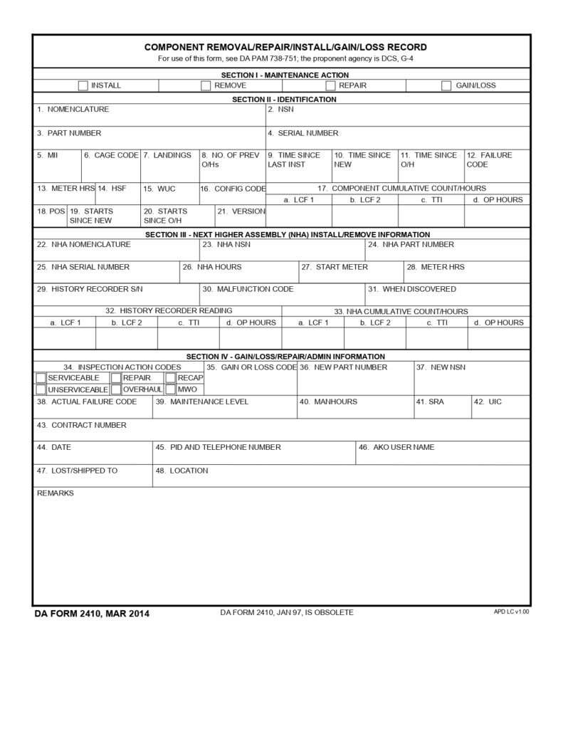 DA FORM 2410 - Component Removal-Repair-Install-Gain-Loss Record_page-0001