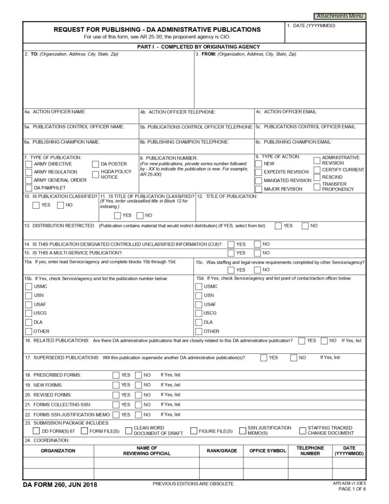 DA FORM 260 - Request For Publishing - Da Administrative Publications_page-0001