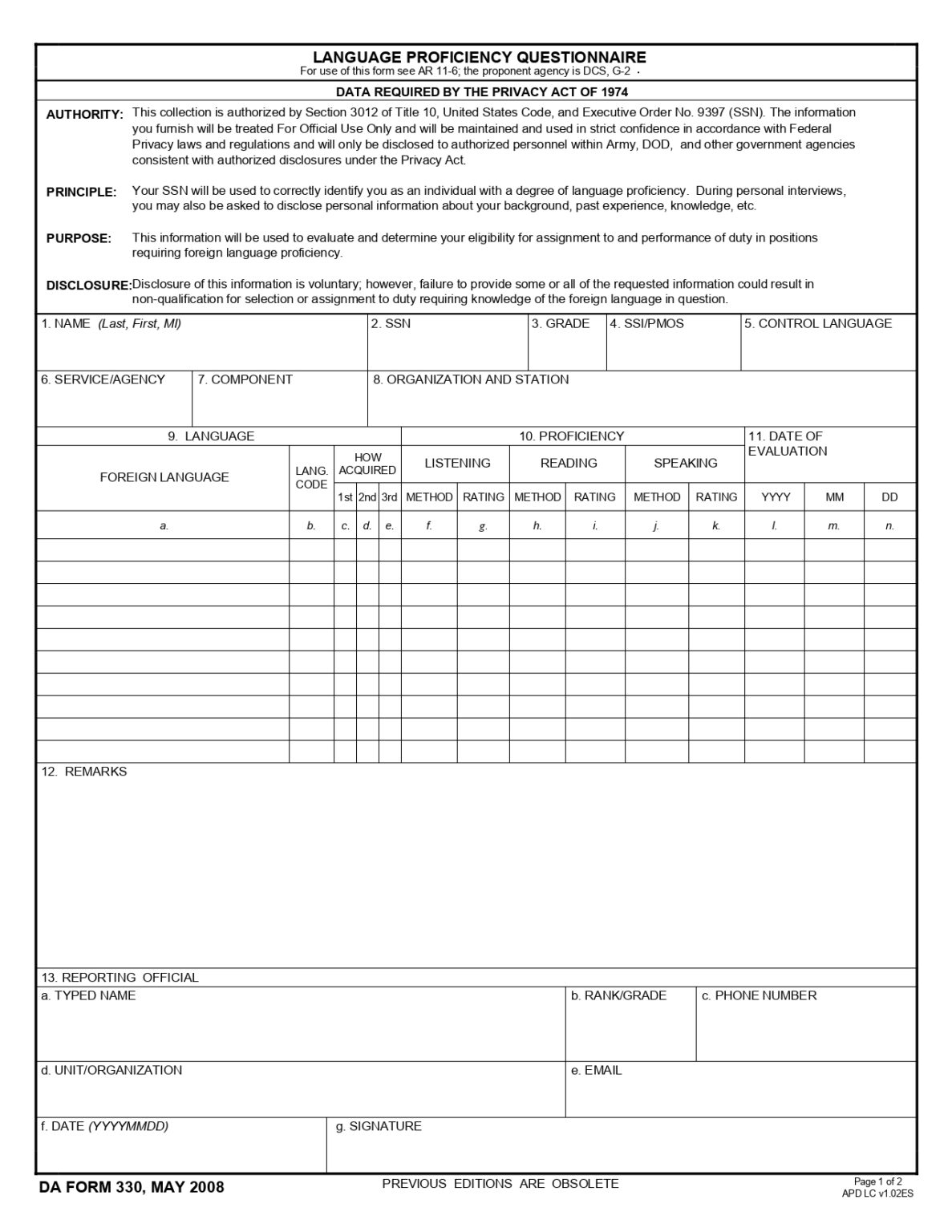 Da Language Code Numbers DA FORM 330 Fillable - Army Pubs 330 PDF | DA Forms 2025