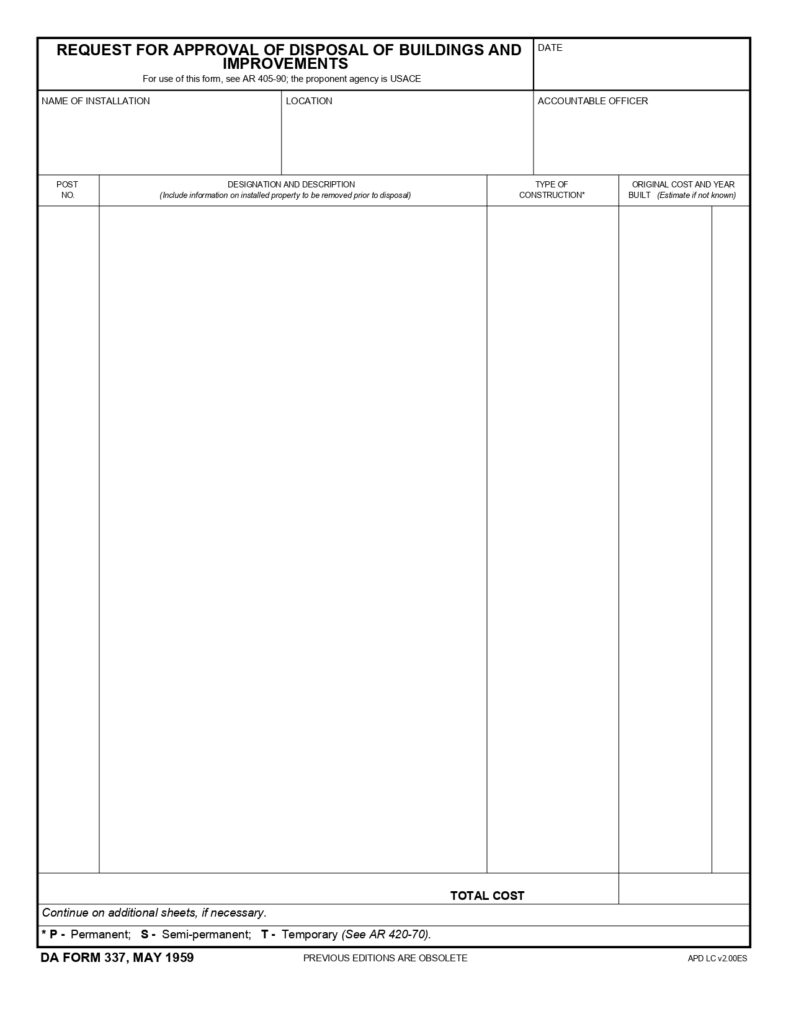 DA FORM 337 - Request For Approval Of Disposal Of Buildings And Improvements_page-0001