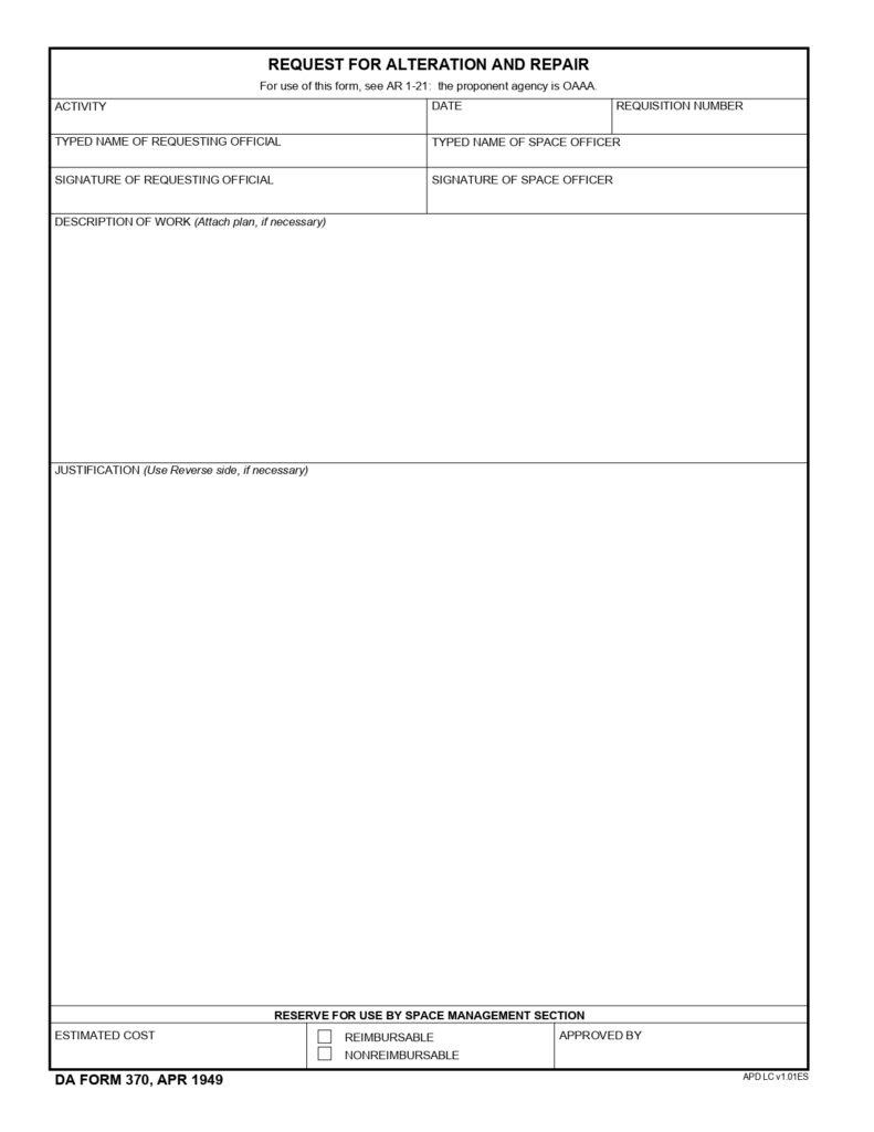 DA FORM 370 - Request For Alteration And Repairs