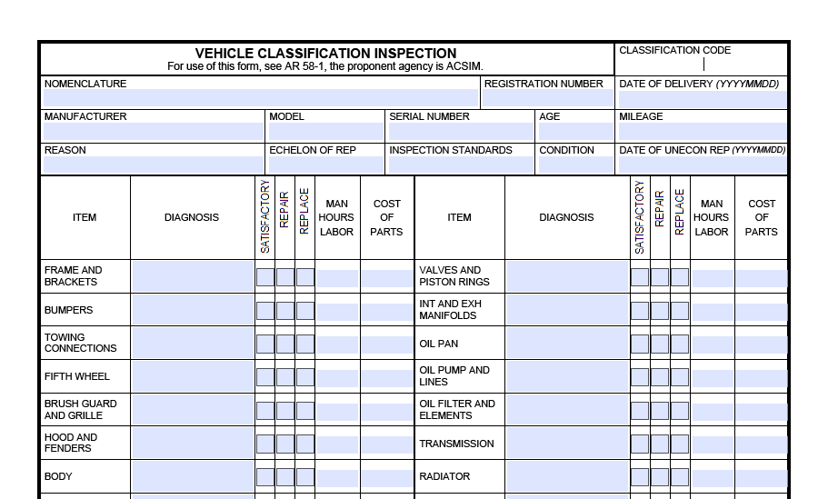 DA FORM 461-5 - Vehicle Classification Inspection