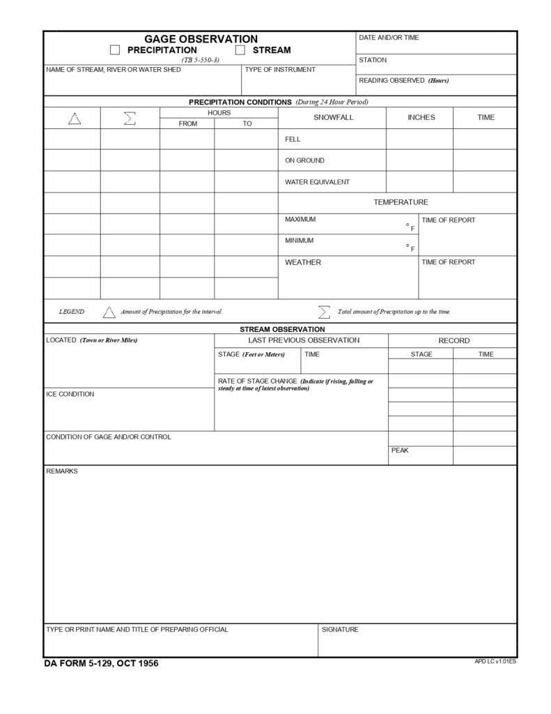 DA FORM 5-129 - Gage Observation - Precipitation-Stream_page-0001