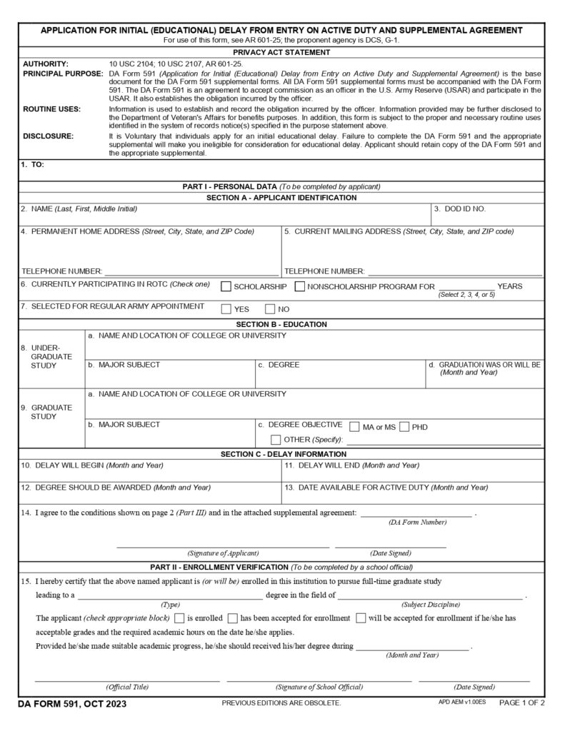 DA FORM 591 - Application For Initial (Educational) Delay From Entry On Active Duty And Supplemental Agreement_page-0001