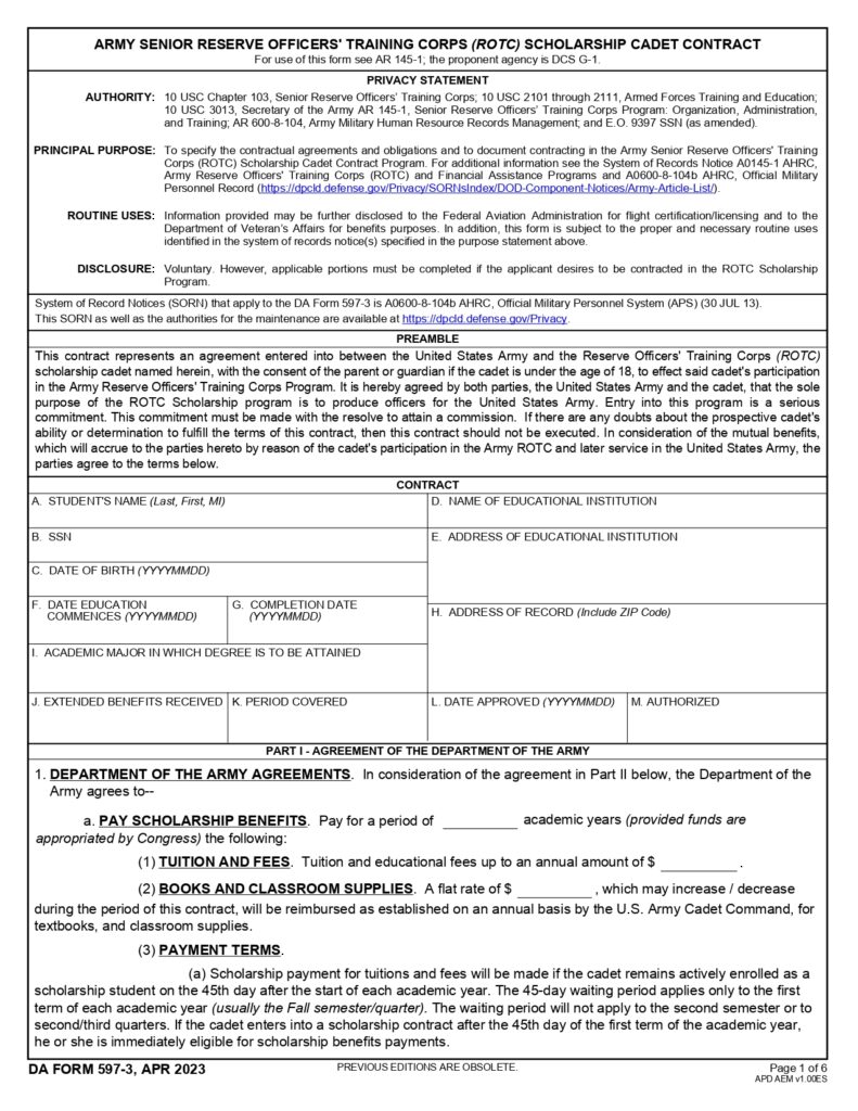 DA FORM 597-3 - Army Senior Reserve Officers Training Corps (ROTC) Scholarship Cadet Contract_page-0001