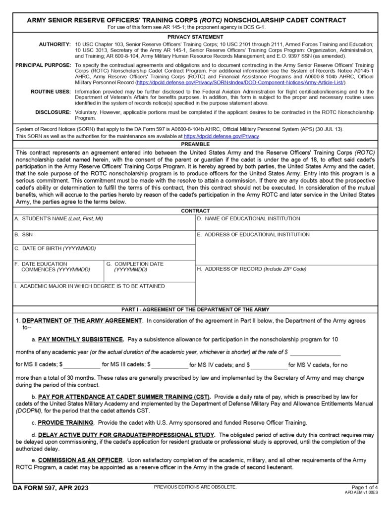 DA FORM 597 - Army Senior Reserve Officers Training Corps (ROTC) Nonscholarship Cadet Contract_page-0001