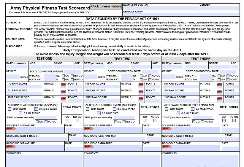 DA FORM 705 - Army Physical Fitness Test Scorecard