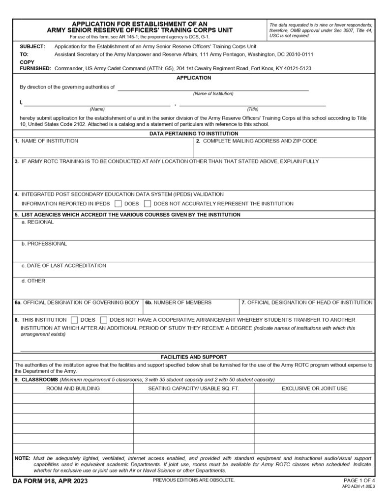 DA FORM 918 - Application For Establishment Of An Army Senior Reserve Officers Training Corps Unit_page-0001