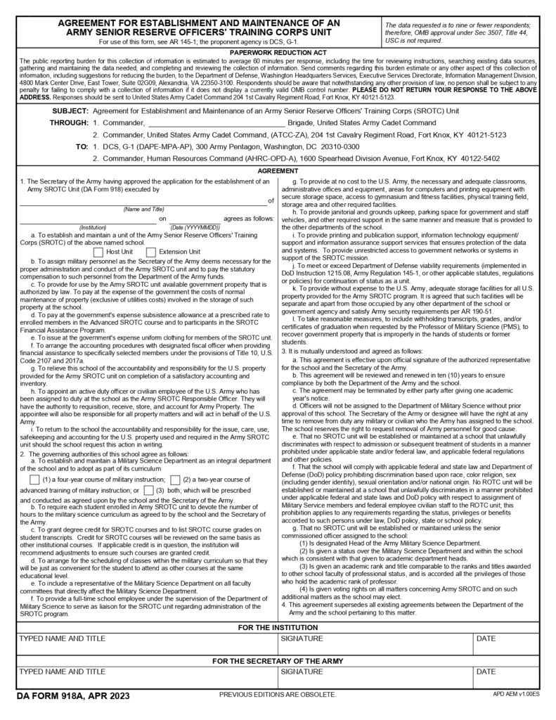 DA FORM 918A - Agreement For Establishment And Maintenance Of An Army Senior Reserve Officers' Training Corps Unit_page-0001