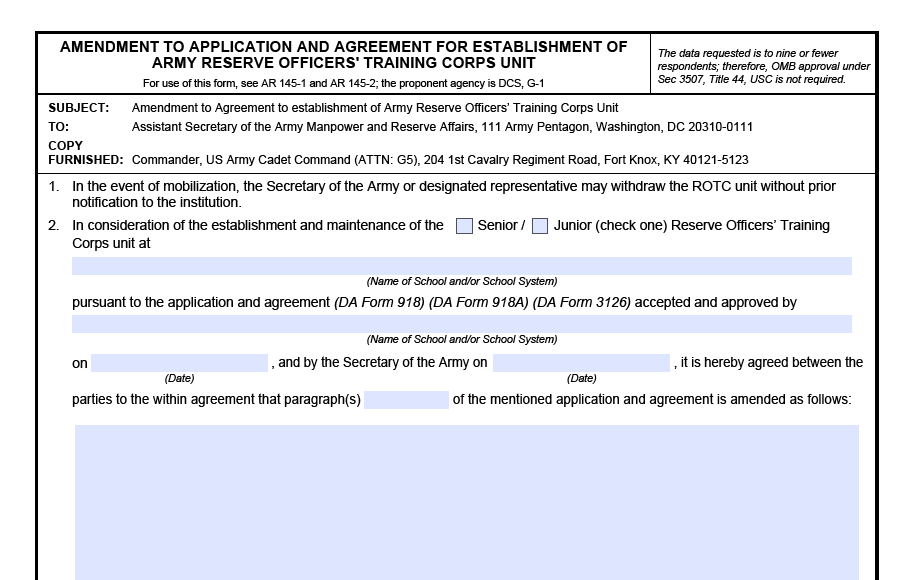DA FORM 918B - Amendment To Application And Agreement For Establishment Of Army Reserve Officers' Training Corps Unit