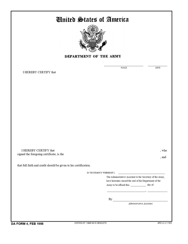 DA Form 4 - Department Of The Army Certification For Authentication Of Records_page-0001