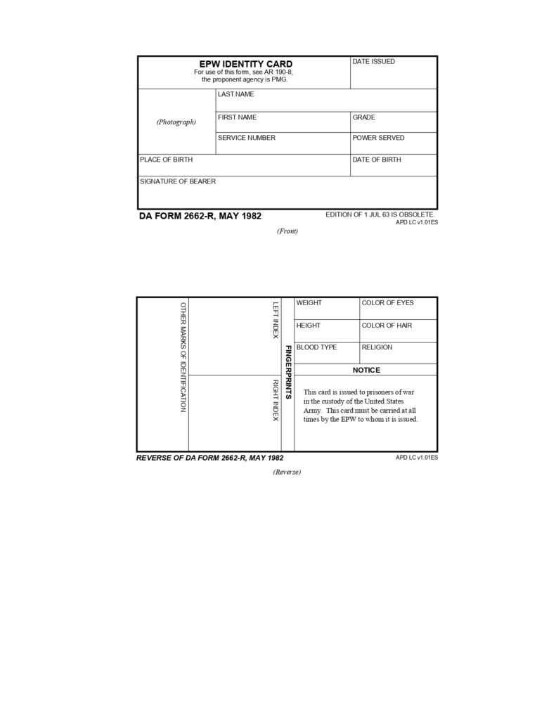 DA FORM 2662 R United States Army EPW Identity Card LRA page 0001