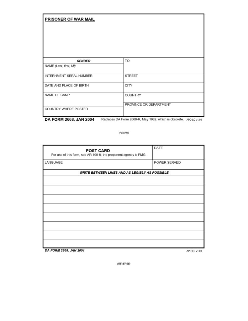 DA FORM 2668 - Prisoner Of War Mail (Post Card)_page-0001