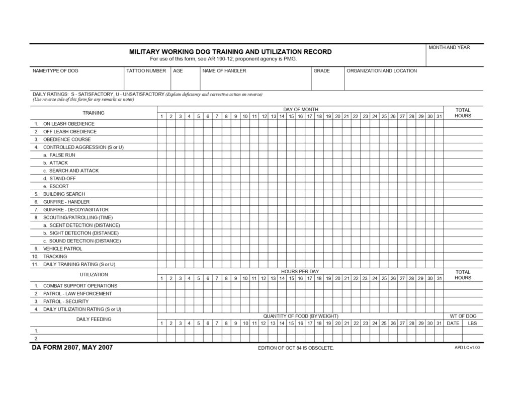 DA FORM 2807 - Military Working Dog Training And Utilization Record_page-0001