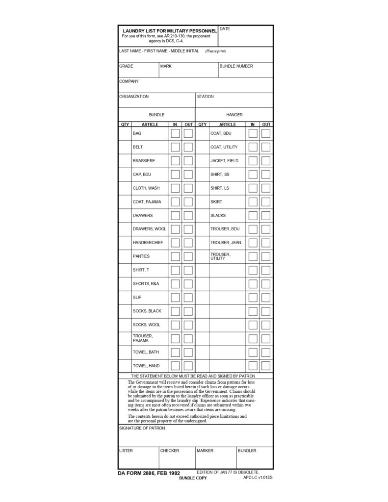 DA FORM 2886 - Laundry List For Military Personnel_page-0001