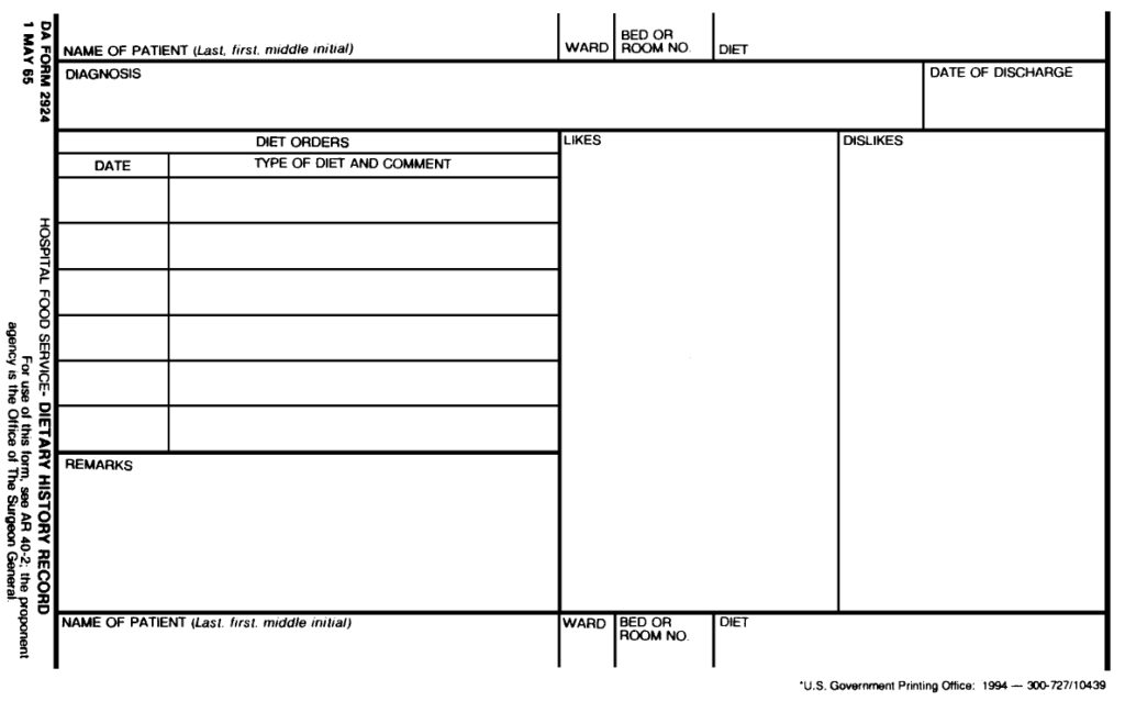 DA FORM 2924 - Hospital Food Service - Dietary History Record_page-0001