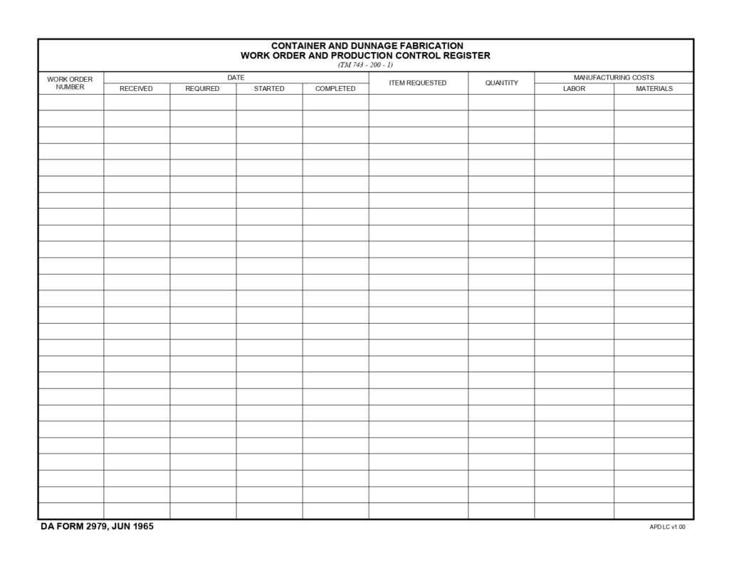 DA FORM 2979 - Container And Dunnage Fabrication Work Order And Production Control Register_page-0001