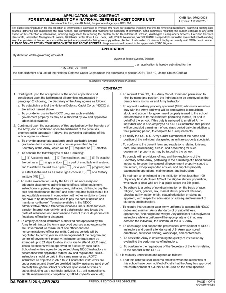 DA FORM 3126-1 - Application And Contract For Establishment Of A National Defense Cadet Corps Unit_page-0001