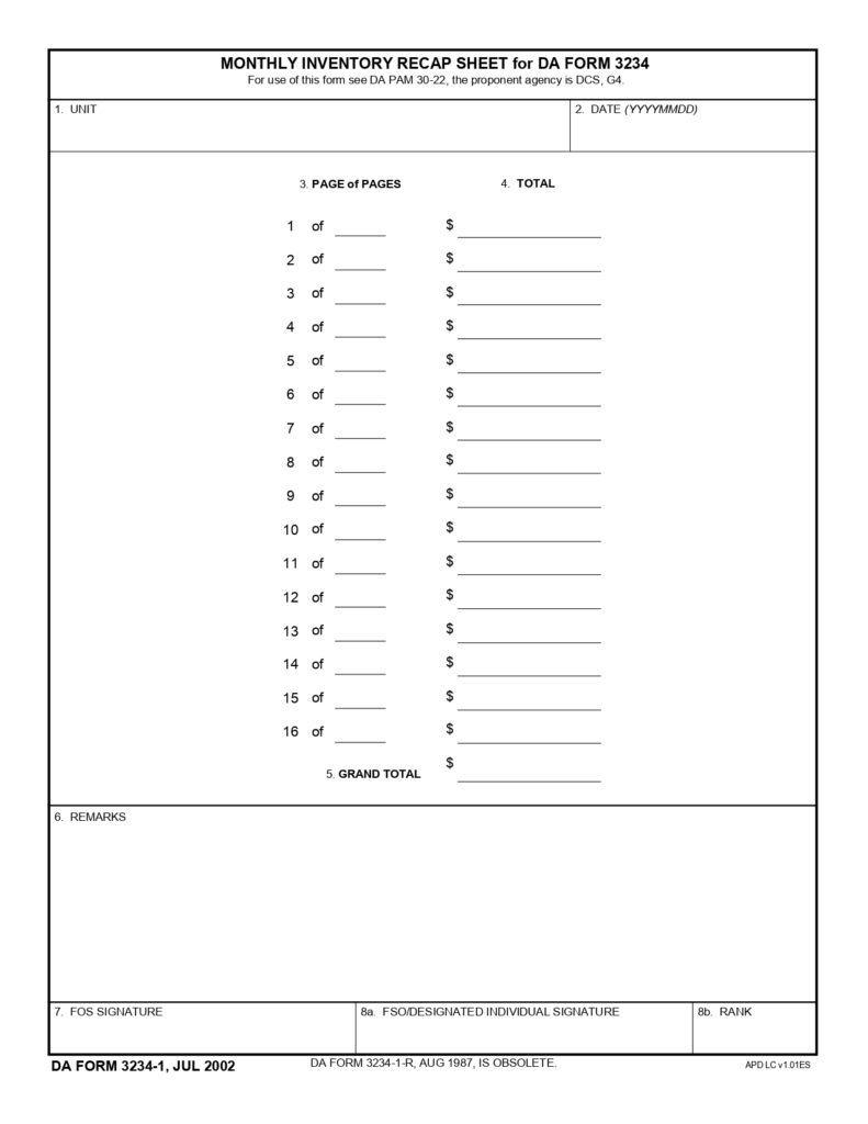 DA FORM 3234-1 - Monthly Inventory Recap Sheet For Da Form 3234_page-0001