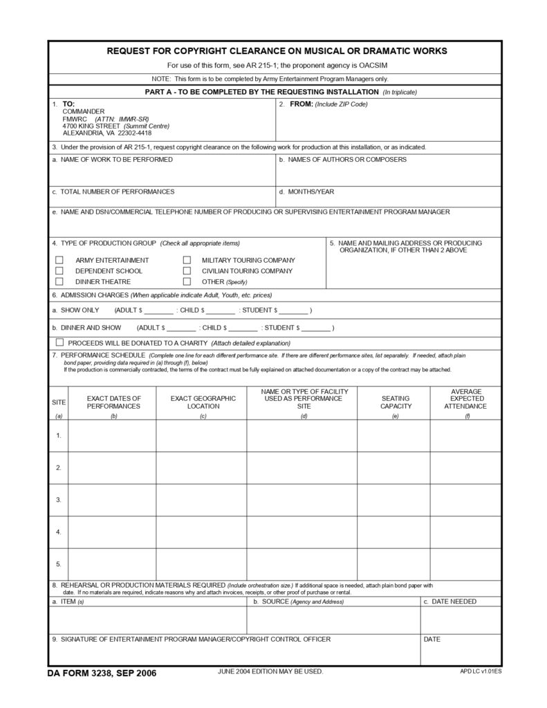 DA FORM 3238 - Request For Copyright Clearance On Musical Or Dramatic Works_page-0001