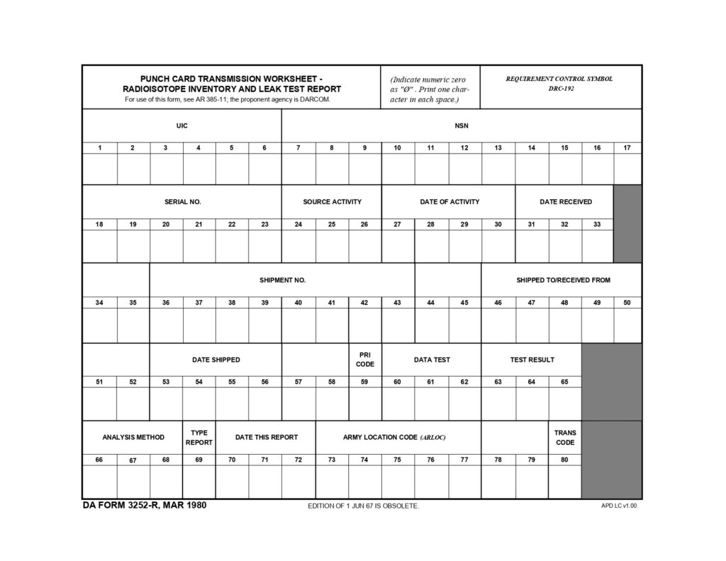 DA FORM 3252-R - Punchcard Transmission Worksheet - Radioisotope Inventory And Leak Test Report (LRA)_page-0001