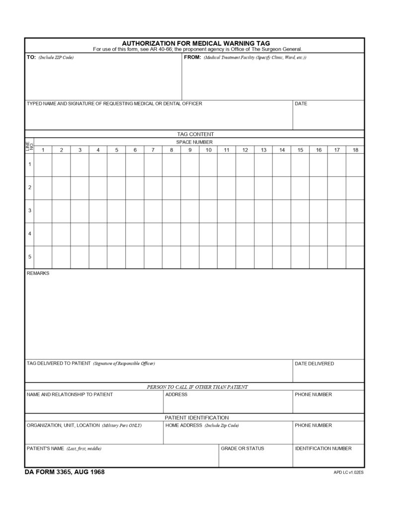 DA FORM 3365 - Authorization For Medical Warning Tag_page-0001