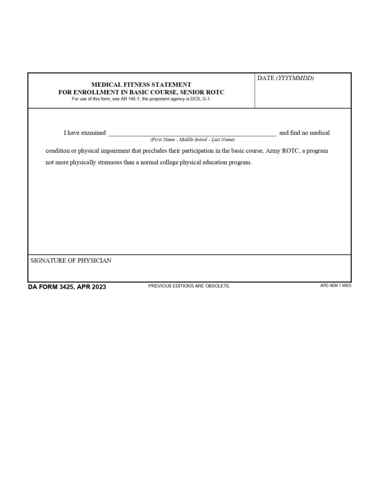 DA FORM 3425 - Medical Fitness Statement For Enrollment In Basic Course, Senior Rotc_page-0001